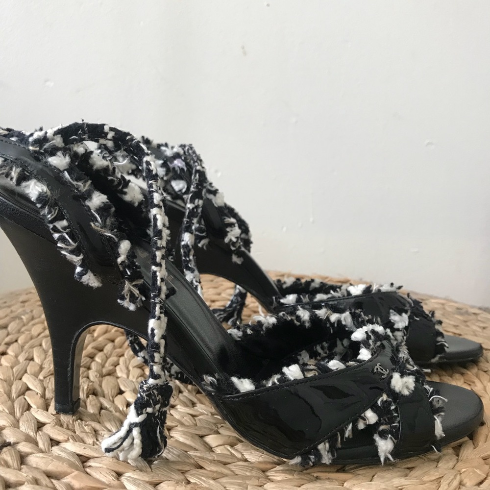 CHANEL Peep Toe Slingback Heels Tweed Ankle Strap - Picture 3 of 8